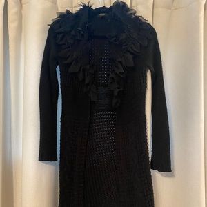 Long Black Cardigan w/ Fur Collar